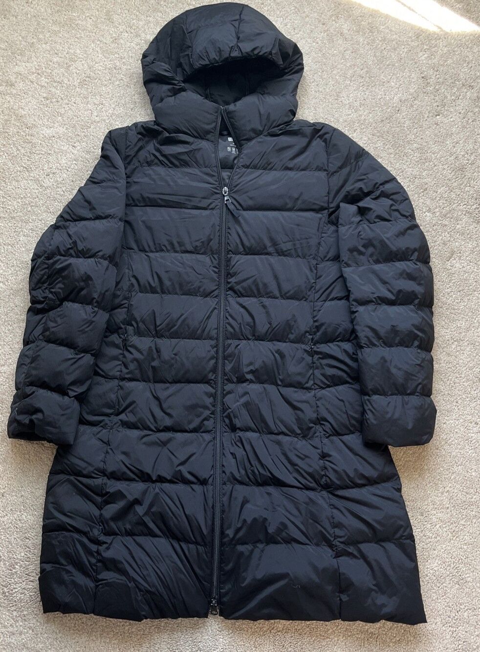 Uniqlo Down Puffer Jacket Womens Medium Long Black Hooded Parka Lightweight Warm